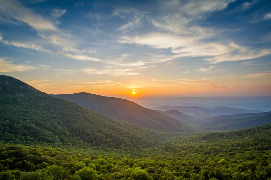 Sunset over the Shenandoah Valley and the Blue Ridge Mountains from Crescent Rock in Shenandoah National Park, Virginia.