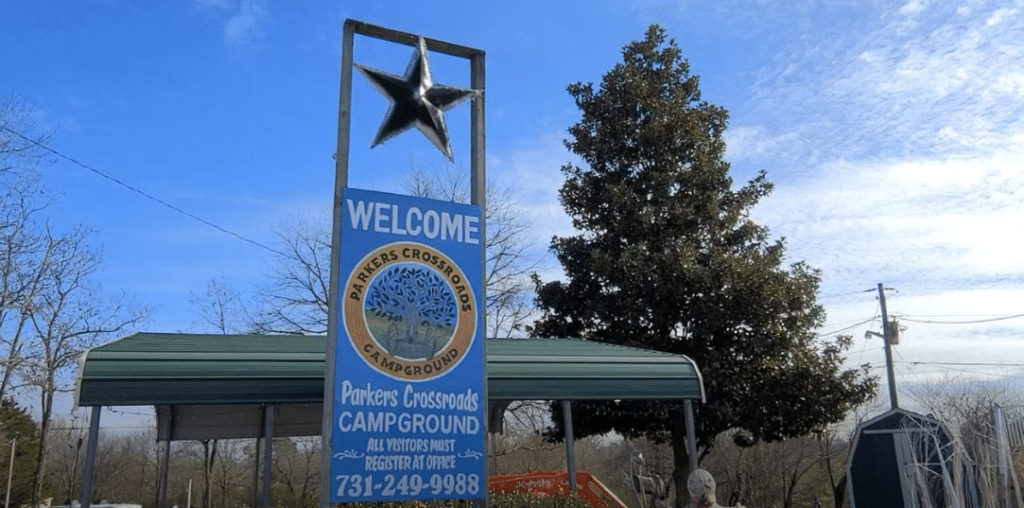 Entrance sign to Parkers Crossroads Campground and RV Park